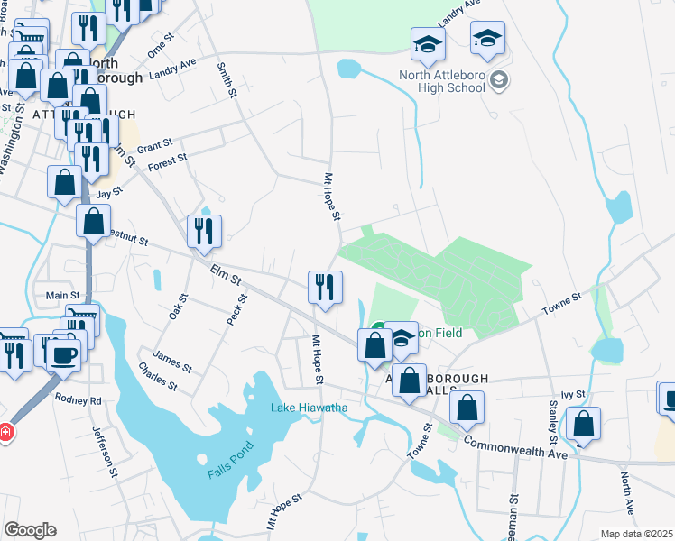 map of restaurants, bars, coffee shops, grocery stores, and more near 551 Mount Hope Street in North Attleborough
