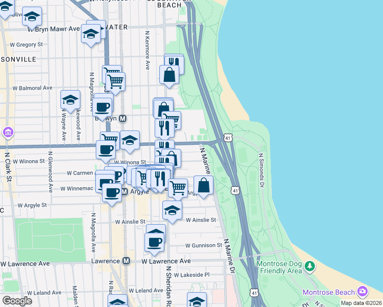 map of restaurants, bars, coffee shops, grocery stores, and more near in Chicago