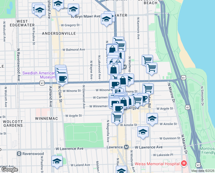 map of restaurants, bars, coffee shops, grocery stores, and more near 1237 West Foster Avenue in Chicago