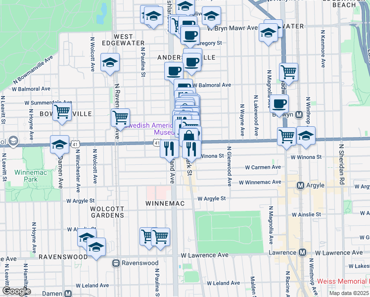 map of restaurants, bars, coffee shops, grocery stores, and more near 5161 North Ashland Avenue in Chicago