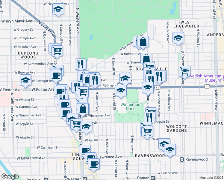 map of restaurants, bars, coffee shops, grocery stores, and more near in Chicago