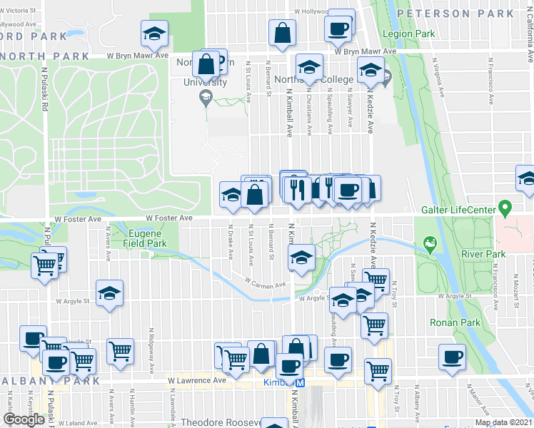 map of restaurants, bars, coffee shops, grocery stores, and more near 3446 West Foster Avenue in Chicago