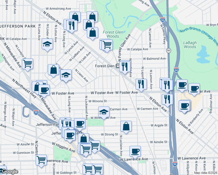map of restaurants, bars, coffee shops, grocery stores, and more near 5225 North Laramie Avenue in Chicago