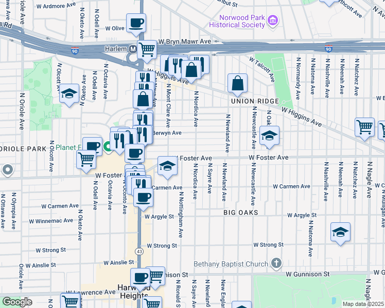 map of restaurants, bars, coffee shops, grocery stores, and more near 7001 West Farragut Avenue in Chicago