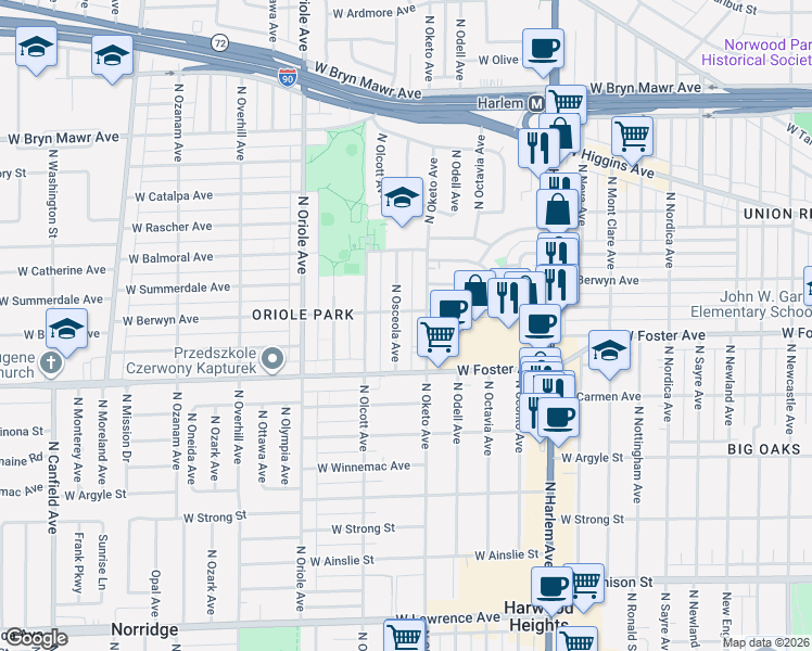 map of restaurants, bars, coffee shops, grocery stores, and more near 5253 North Osceola Avenue in Chicago