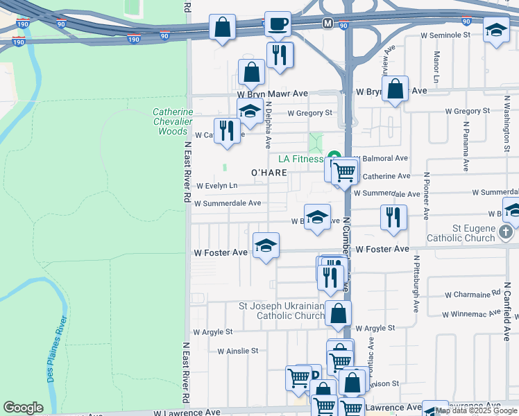 map of restaurants, bars, coffee shops, grocery stores, and more near 8601 West Summerdale Avenue in Chicago