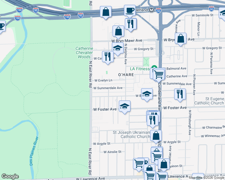 map of restaurants, bars, coffee shops, grocery stores, and more near 8631 West Summerdale Avenue in Chicago