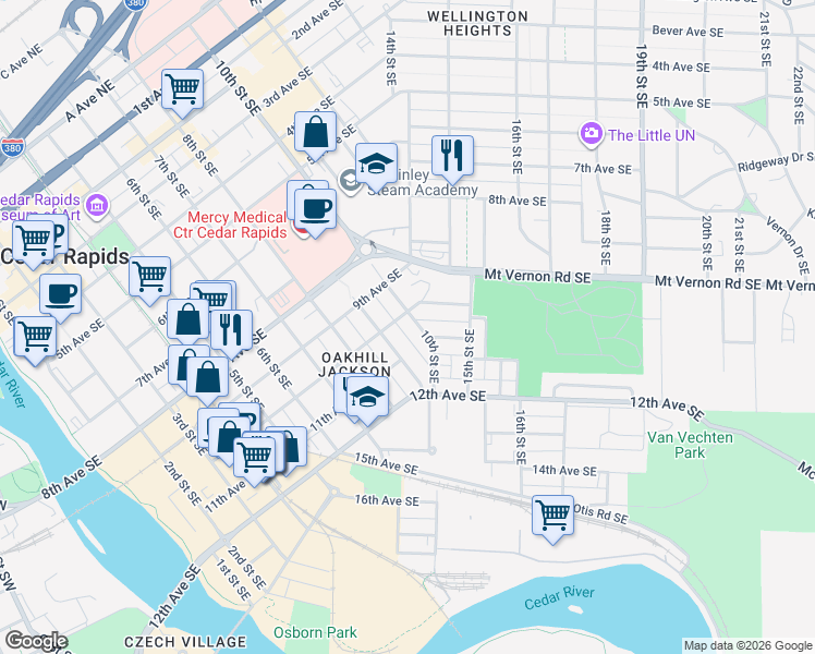 map of restaurants, bars, coffee shops, grocery stores, and more near 1006 10th Street Southeast in Cedar Rapids