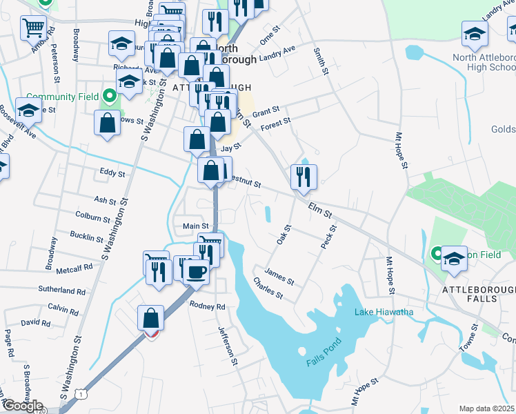 map of restaurants, bars, coffee shops, grocery stores, and more near 161 Charles Street in North Attleborough