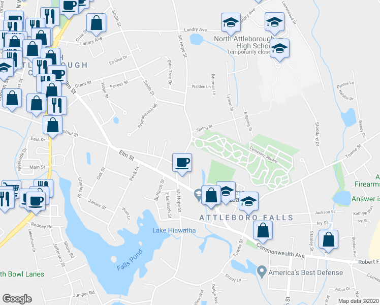 map of restaurants, bars, coffee shops, grocery stores, and more near 551 Mount Hope Street in North Attleborough