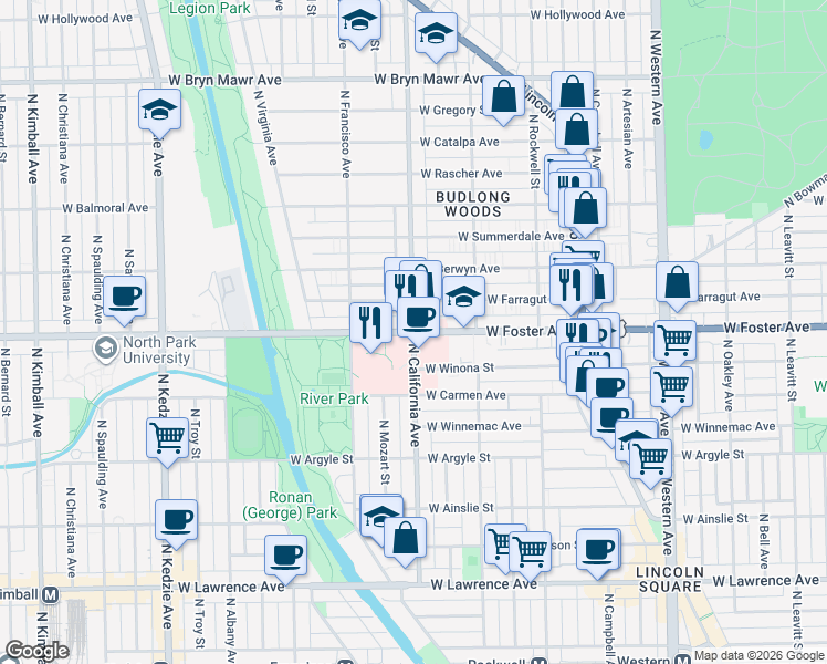 map of restaurants, bars, coffee shops, grocery stores, and more near West Foster Avenue & North California Avenue in Chicago