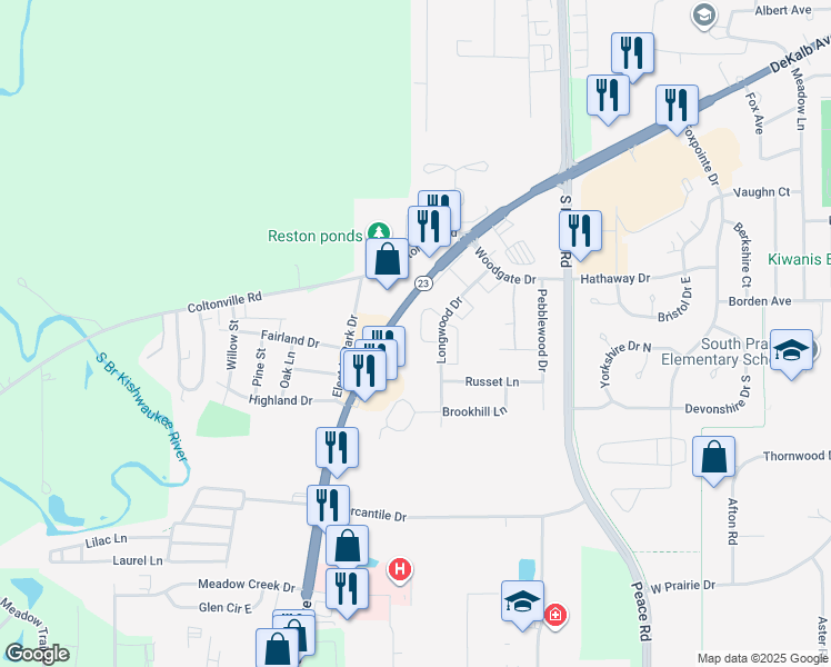 map of restaurants, bars, coffee shops, grocery stores, and more near 1607 Meadowbrook Court in Sycamore