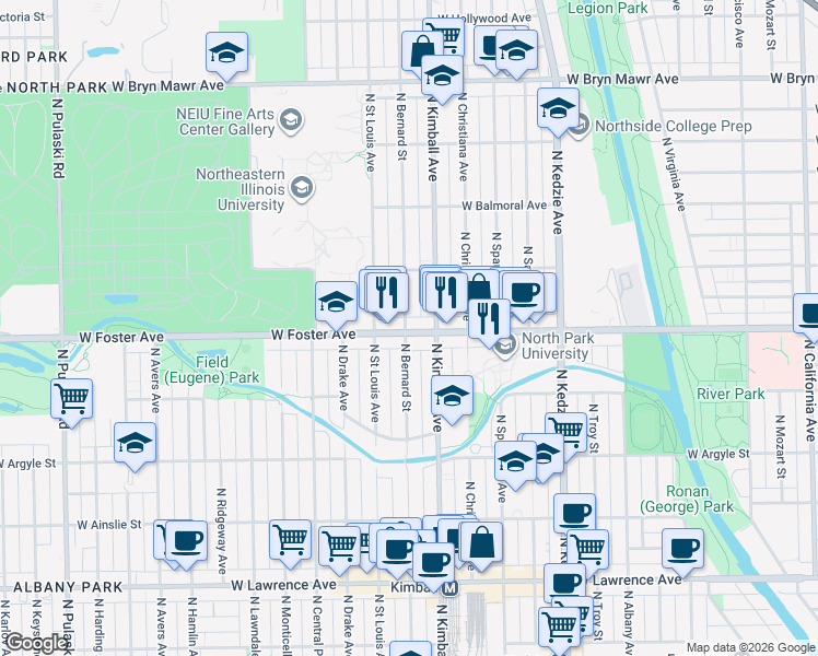 map of restaurants, bars, coffee shops, grocery stores, and more near 5201 North Bernard Street in Chicago