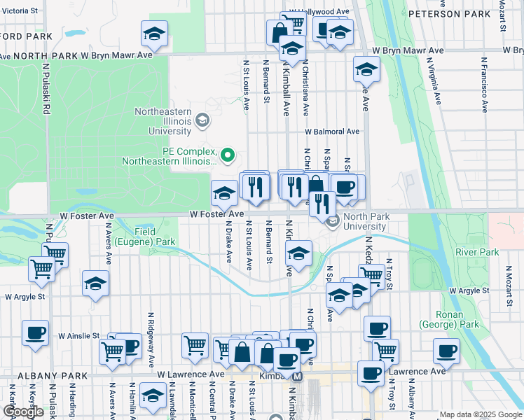 map of restaurants, bars, coffee shops, grocery stores, and more near 3438 West Foster Avenue in Chicago
