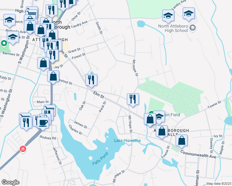 map of restaurants, bars, coffee shops, grocery stores, and more near 292 Chestnut Street in North Attleborough