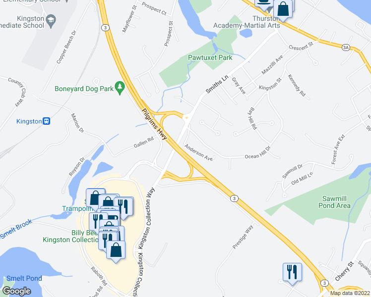 map of restaurants, bars, coffee shops, grocery stores, and more near 5 Anderson Avenue in Kingston