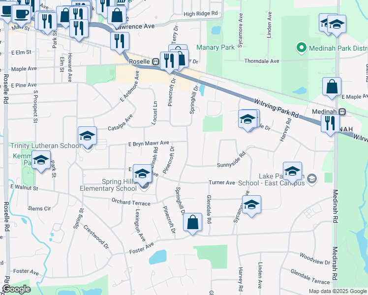 map of restaurants, bars, coffee shops, grocery stores, and more near 645 East Bryn Mawr Avenue in Roselle