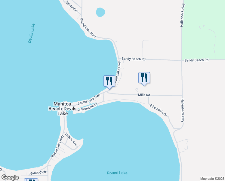 map of restaurants, bars, coffee shops, grocery stores, and more near 3177 Round Lake Highway in Manitou Beach-Devils Lake