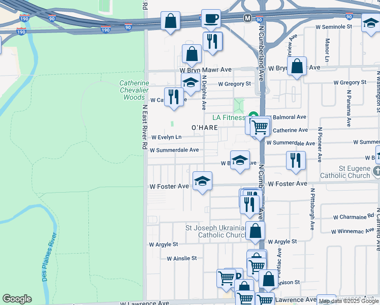 map of restaurants, bars, coffee shops, grocery stores, and more near 8629 West Summerdale Avenue in Chicago
