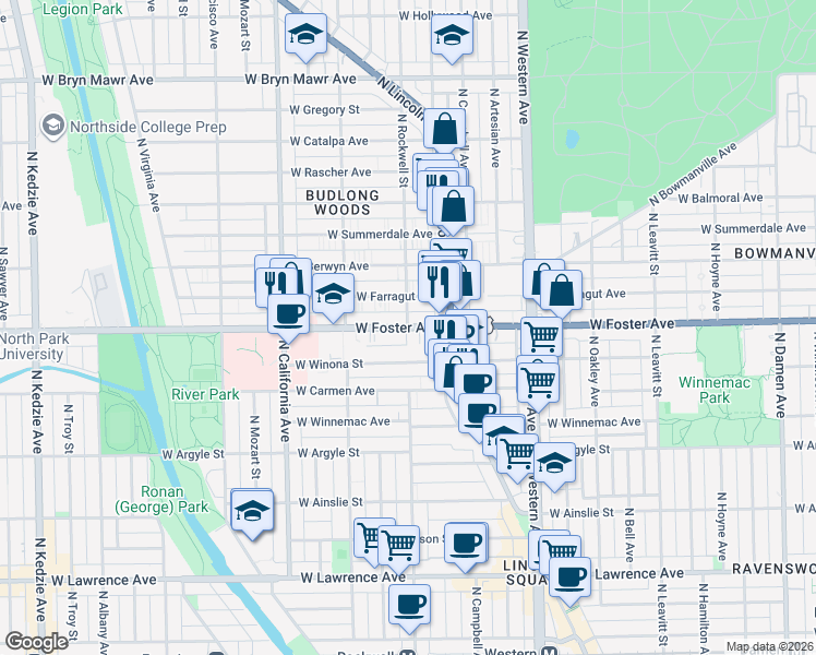map of restaurants, bars, coffee shops, grocery stores, and more near W Foster Ave & N Rockwell St in Chicago