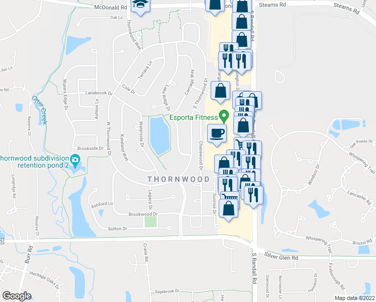 map of restaurants, bars, coffee shops, grocery stores, and more near 761 Lake Ridge Drive in South Elgin