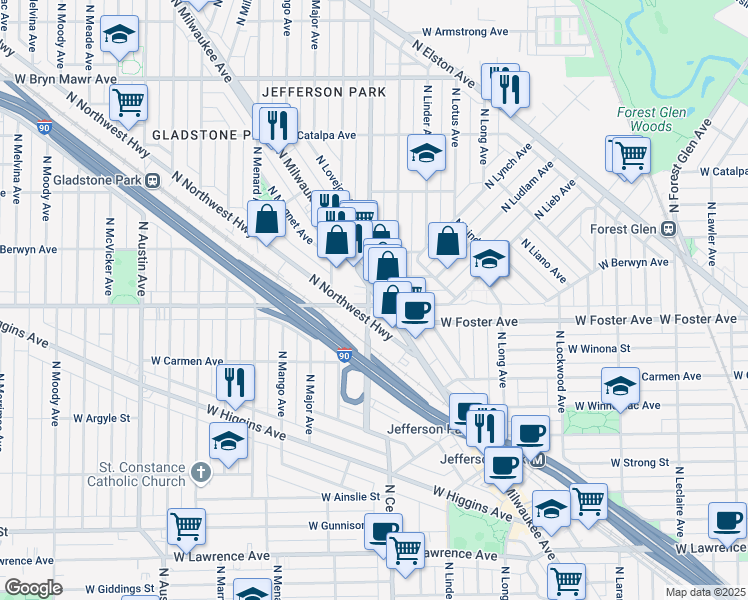 map of restaurants, bars, coffee shops, grocery stores, and more near 5218 North Milwaukee Avenue in Chicago