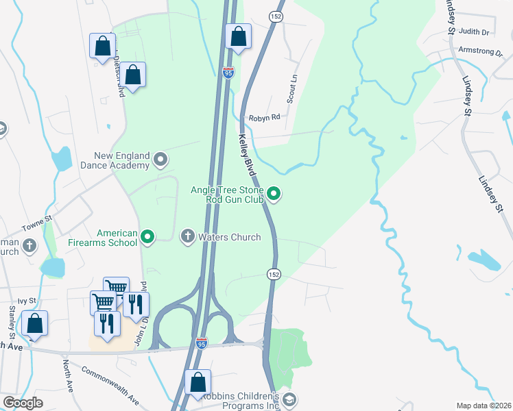 map of restaurants, bars, coffee shops, grocery stores, and more near 64 Kelley Boulevard in North Attleborough