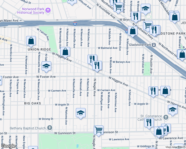 map of restaurants, bars, coffee shops, grocery stores, and more near 5200 North Nagle Avenue in Chicago