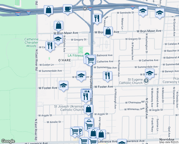 map of restaurants, bars, coffee shops, grocery stores, and more near 5306 North Cumberland Avenue in Chicago