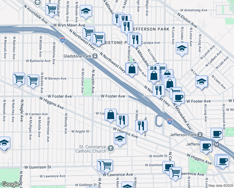 map of restaurants, bars, coffee shops, grocery stores, and more near 5838 West Foster Avenue in Chicago
