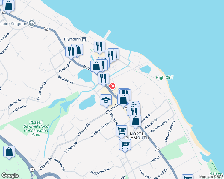 map of restaurants, bars, coffee shops, grocery stores, and more near 345 Court Street in Plymouth