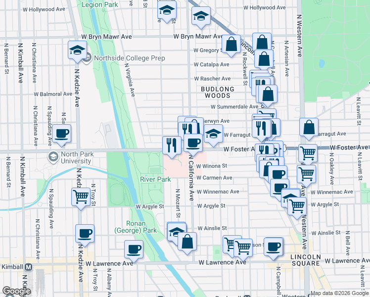 map of restaurants, bars, coffee shops, grocery stores, and more near 5215 North California Avenue in Chicago