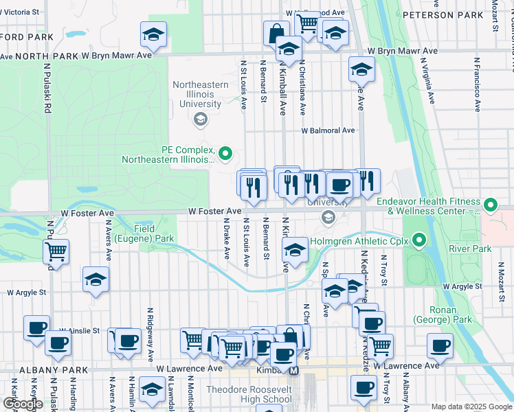 map of restaurants, bars, coffee shops, grocery stores, and more near 3442 West Foster Avenue in Chicago
