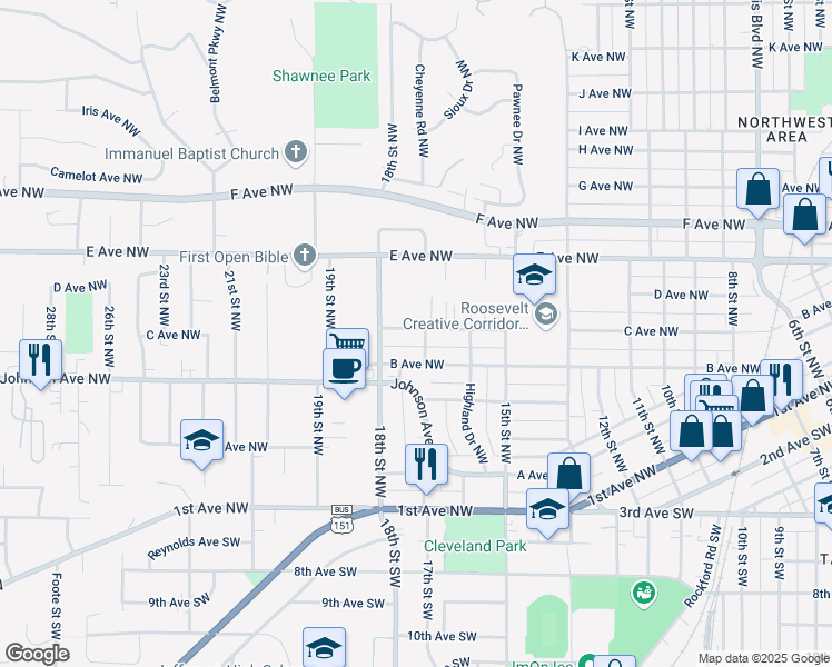 map of restaurants, bars, coffee shops, grocery stores, and more near 1703 C Avenue Northwest in Cedar Rapids