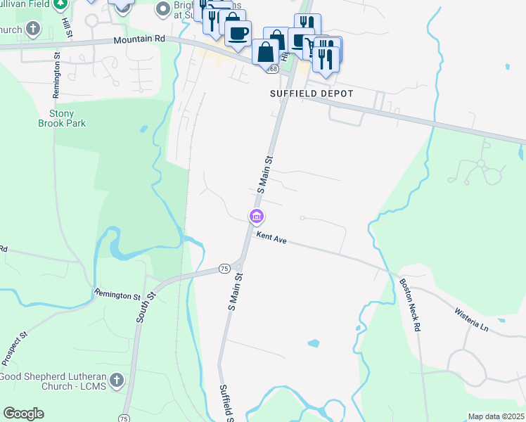 map of restaurants, bars, coffee shops, grocery stores, and more near 208 South Main Street in Suffield