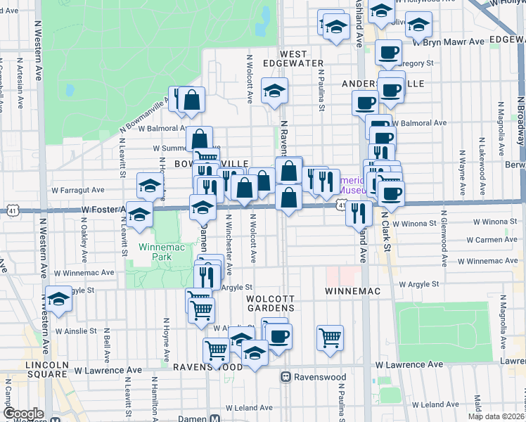map of restaurants, bars, coffee shops, grocery stores, and more near in Chicago