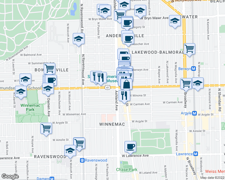 map of restaurants, bars, coffee shops, grocery stores, and more near 1619 West Foster Avenue in Chicago