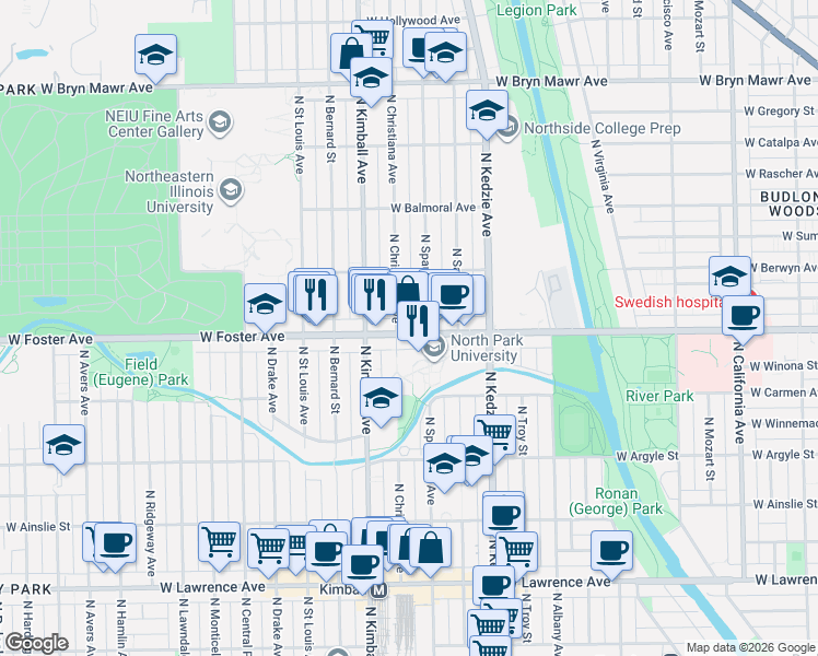 map of restaurants, bars, coffee shops, grocery stores, and more near 3314 West Foster Avenue in Chicago