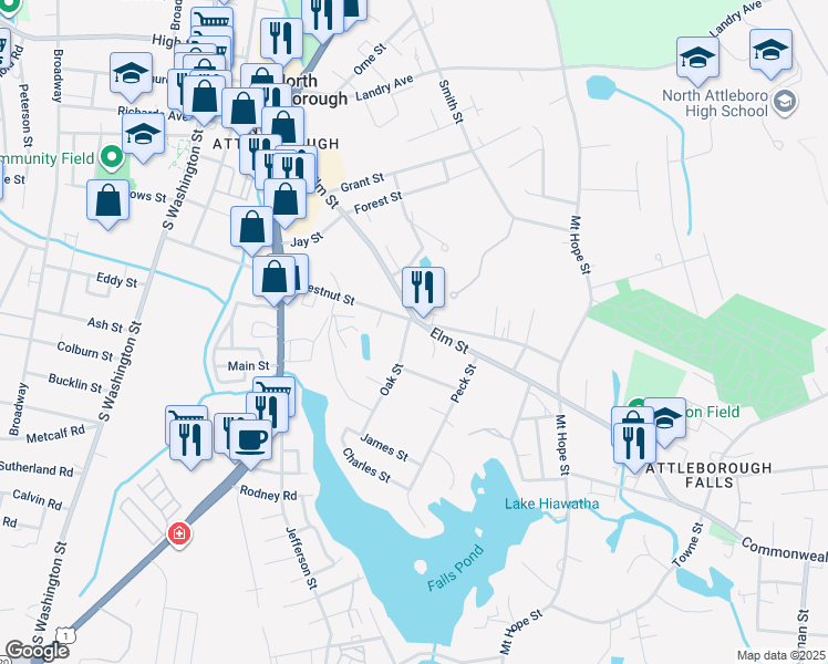 map of restaurants, bars, coffee shops, grocery stores, and more near 9 Oak Street in North Attleborough