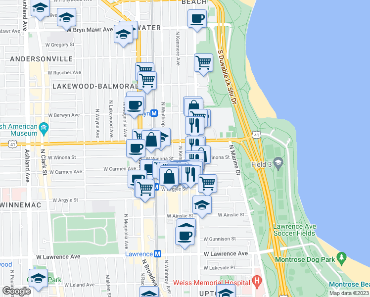 map of restaurants, bars, coffee shops, grocery stores, and more near in Chicago