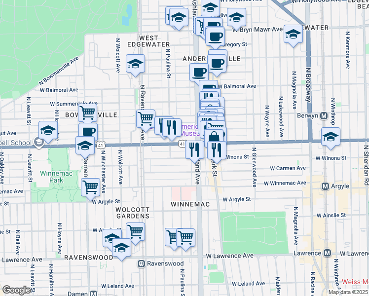 map of restaurants, bars, coffee shops, grocery stores, and more near 1619 West Foster Avenue in Chicago