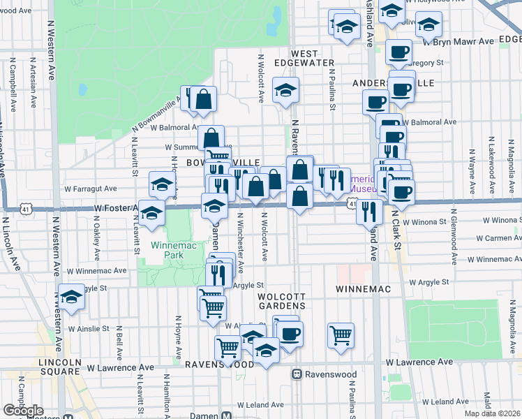map of restaurants, bars, coffee shops, grocery stores, and more near 1905 West Foster Avenue in Chicago