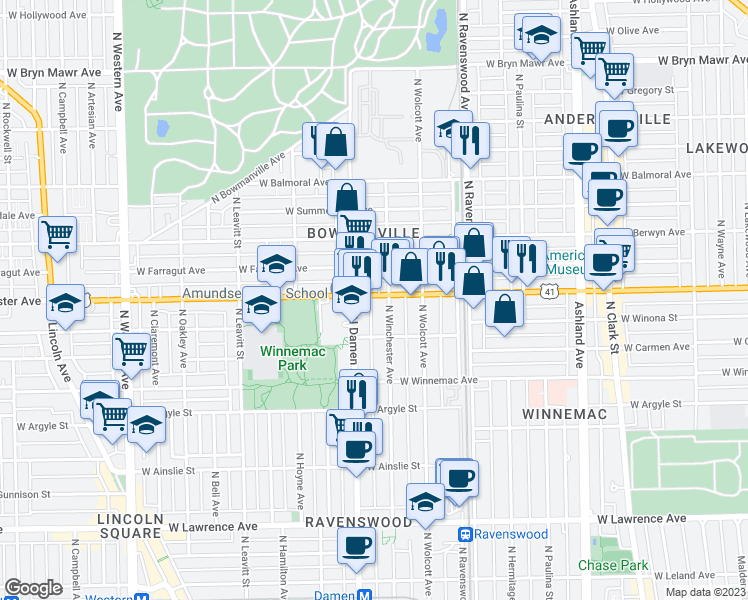 map of restaurants, bars, coffee shops, grocery stores, and more near 5138 North Winchester Avenue in Chicago