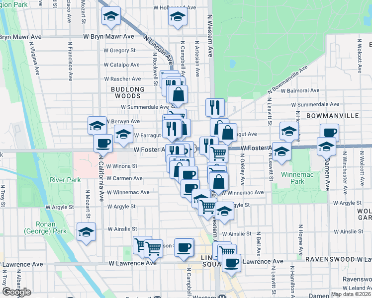 map of restaurants, bars, coffee shops, grocery stores, and more near 2460 U.S. 41 in Chicago