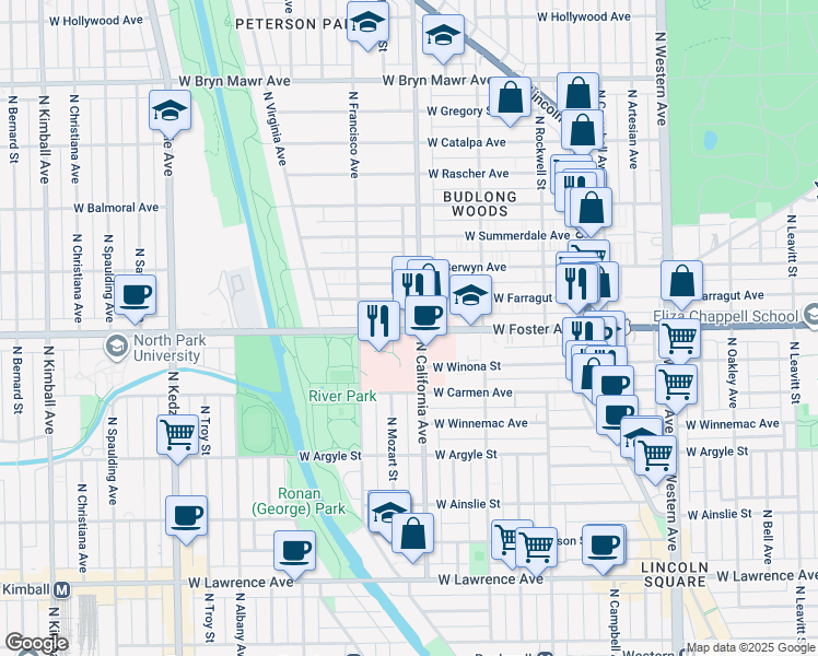 map of restaurants, bars, coffee shops, grocery stores, and more near in Chicago