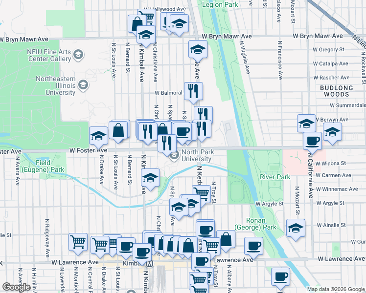 map of restaurants, bars, coffee shops, grocery stores, and more near 3210 West Foster Avenue in Chicago