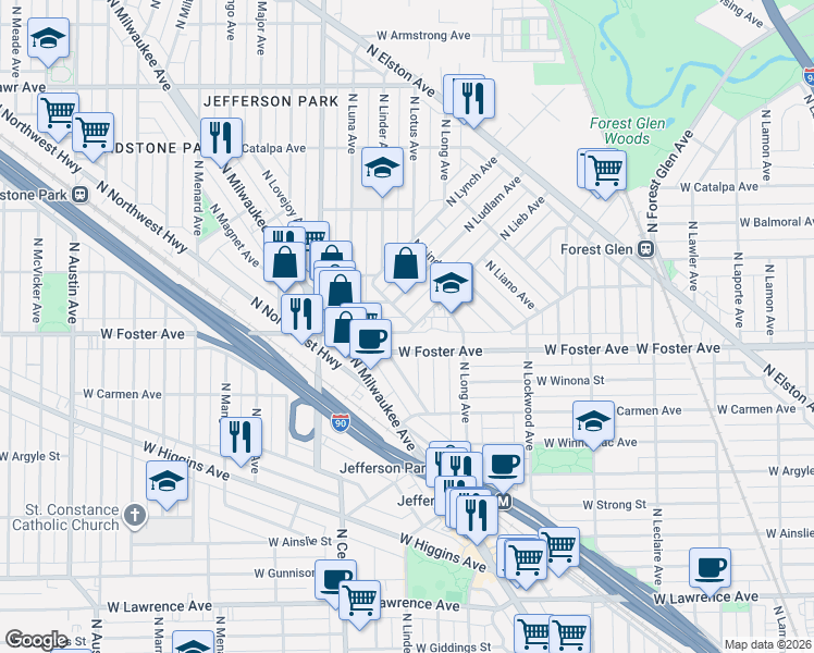 map of restaurants, bars, coffee shops, grocery stores, and more near 5454 West Gettysburg Street in Chicago