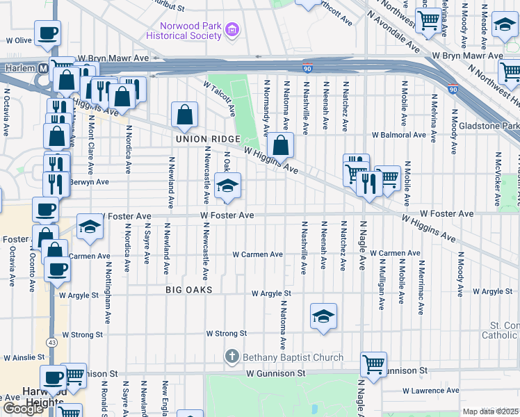 map of restaurants, bars, coffee shops, grocery stores, and more near 5215 North Rutherford Avenue in Chicago