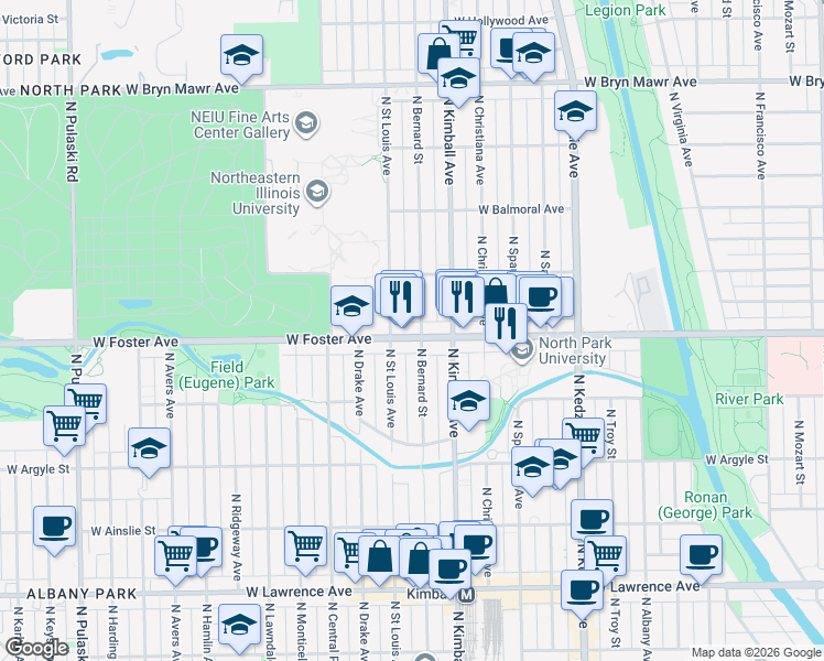 map of restaurants, bars, coffee shops, grocery stores, and more near 3446 West Foster Avenue in Chicago