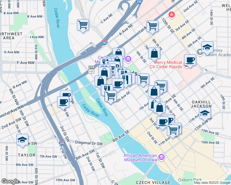 map of restaurants, bars, coffee shops, grocery stores, and more near 400 1st Street Southeast in Cedar Rapids